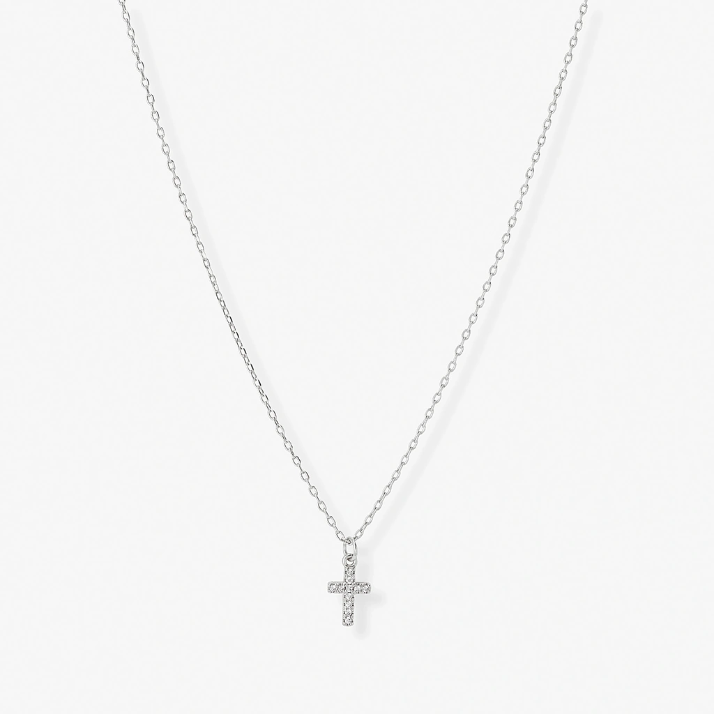 Silverfärgat halsband, kors, 42+7cm