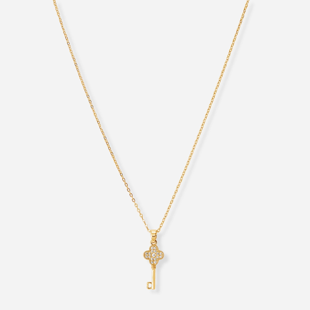 Guldfärgat halsband, nyckel & fyrklöver - 42+7 cm