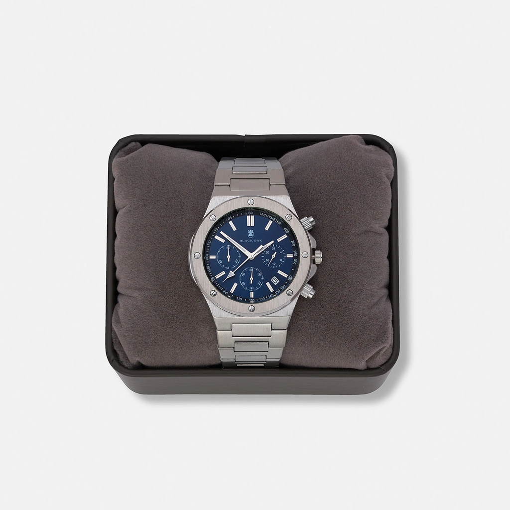 Black Oak Master Chrono metallband silver/blå - 42 mm