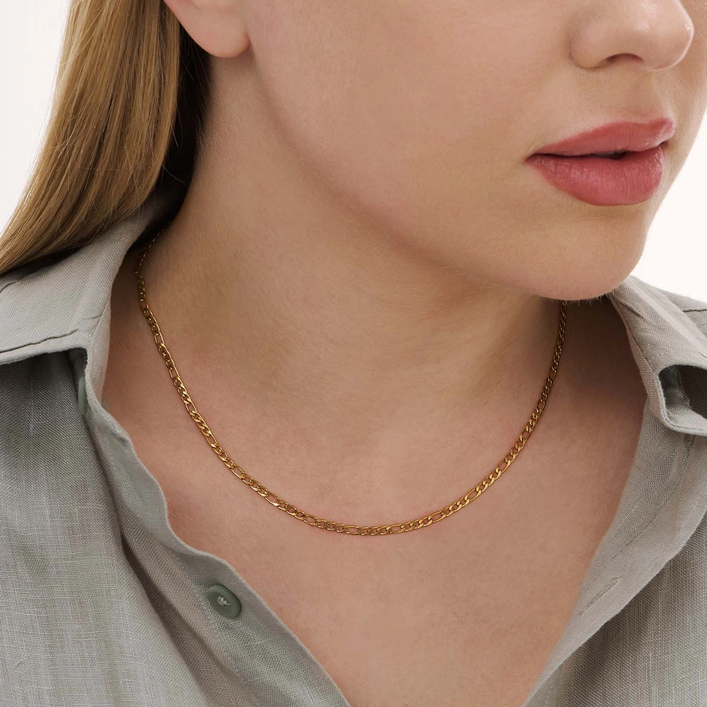 Guldpläterat stålhalsband figarolänk 3mm - 40+5cm