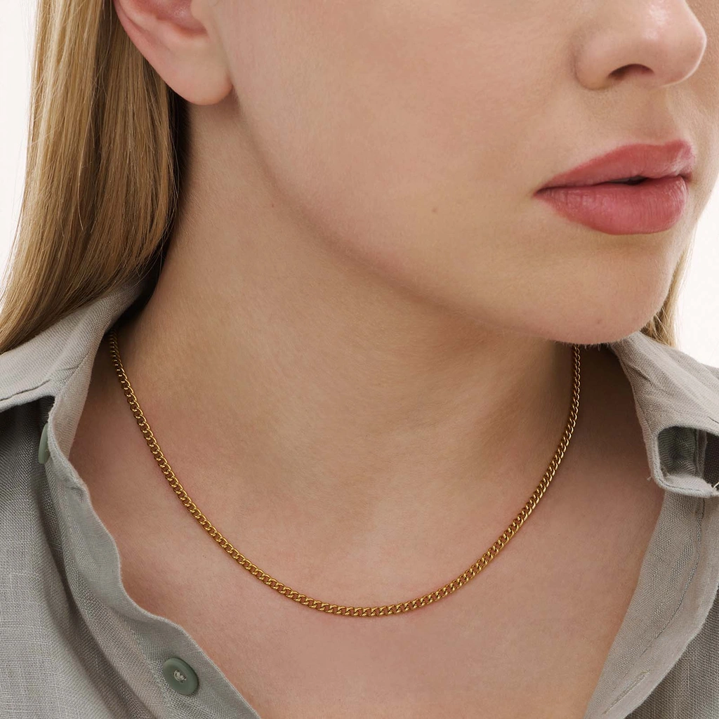 Guldpläterat stålhalsband pansarlänk 3mm - 45+5cm