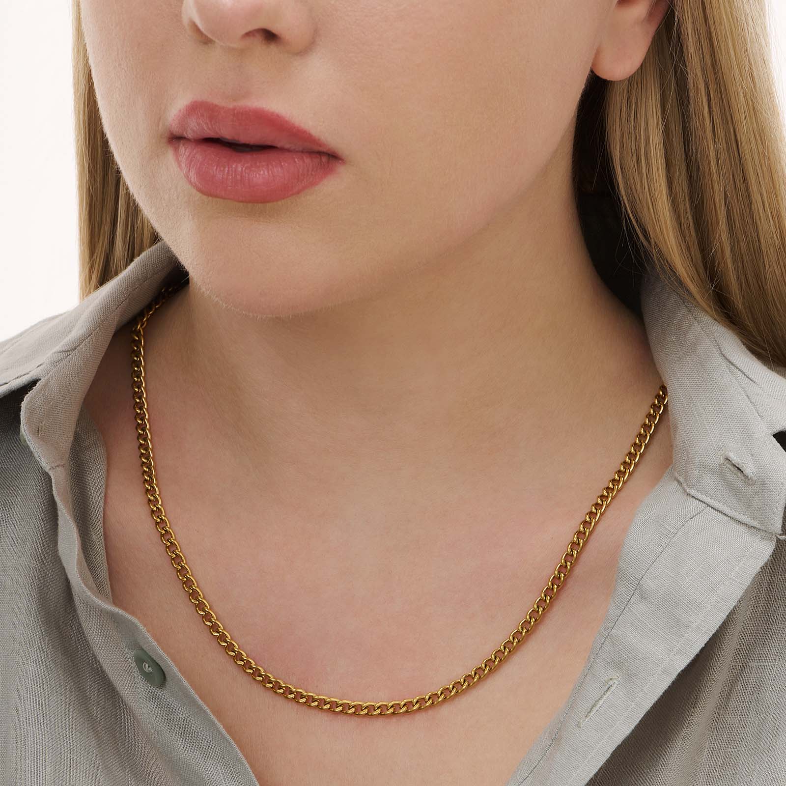 Guldpläterat stålhalsband pansarlänk 4mm