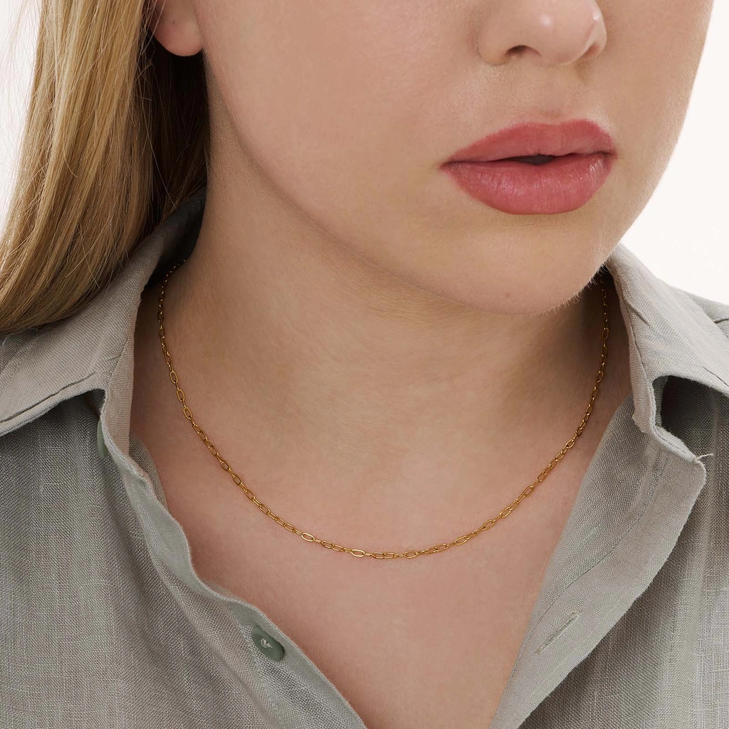 Guldpläterat stålhalsband Paperclip 2mm - 45+5cm