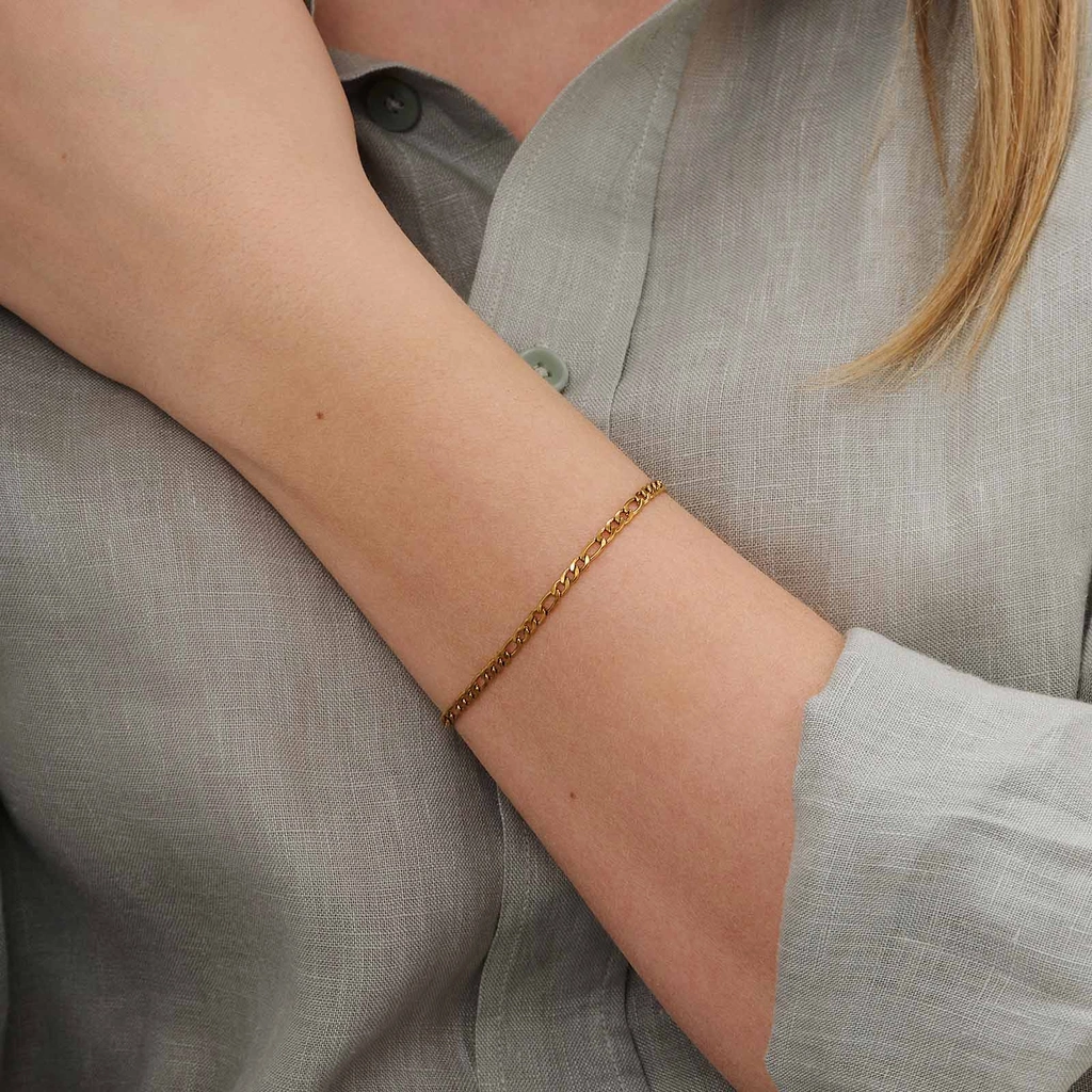 Guldfärgat stålarmband Figarolänk 3 mm - 16+3cm