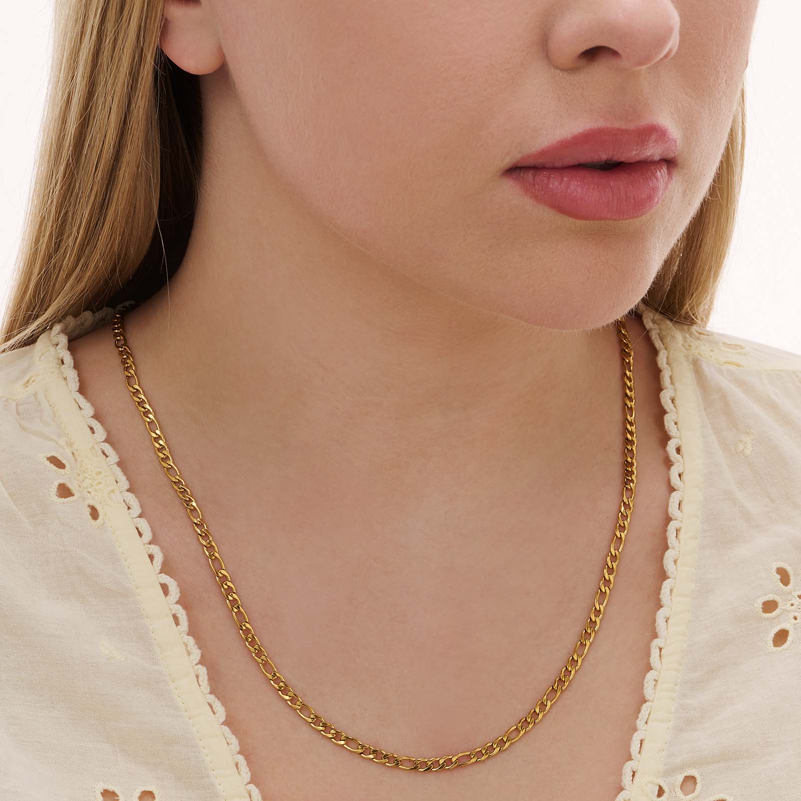 Guldpläterat stålhalsband figarolänk 4mm