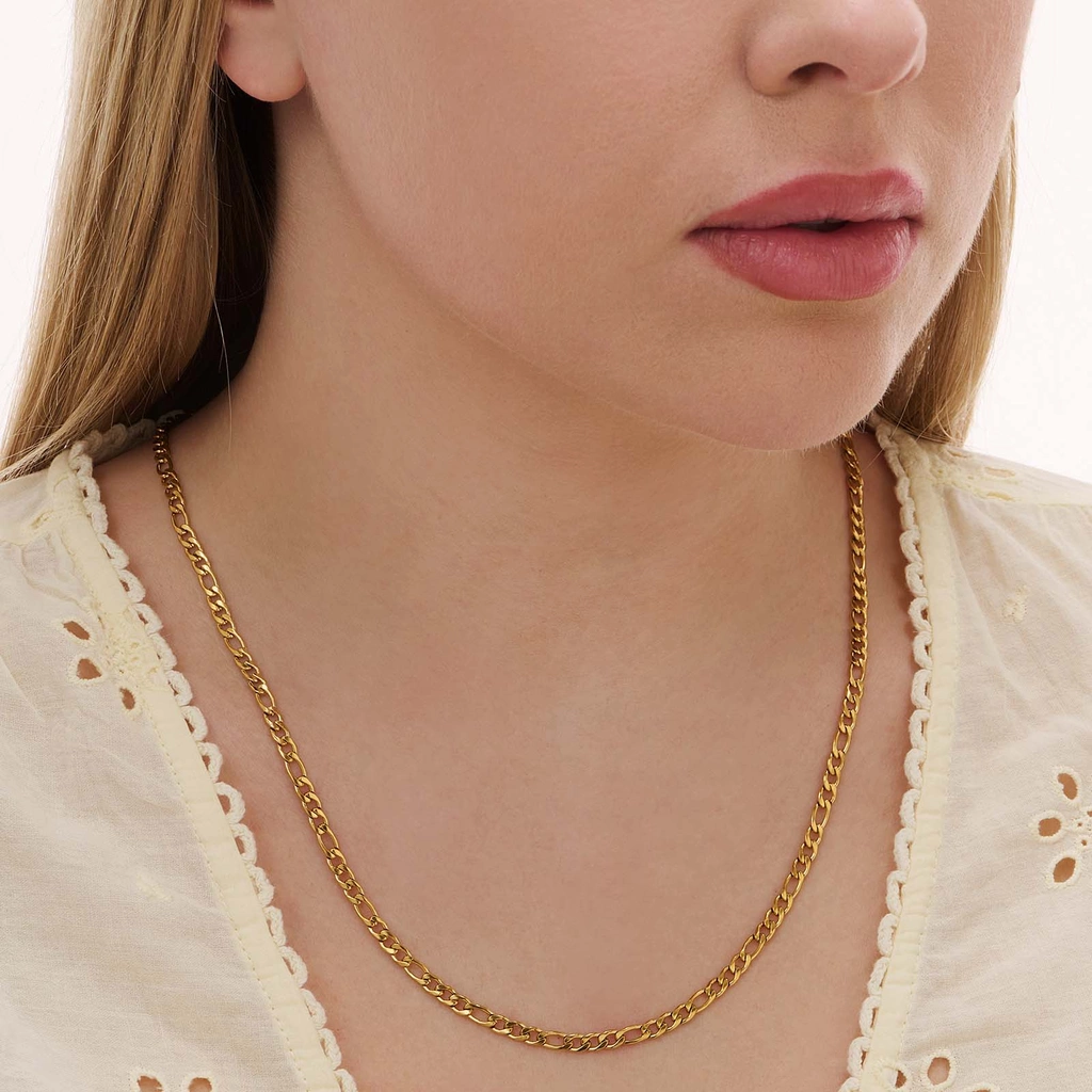 Guldpläterat stålhalsband figarolänk 4mm - 45+5cm