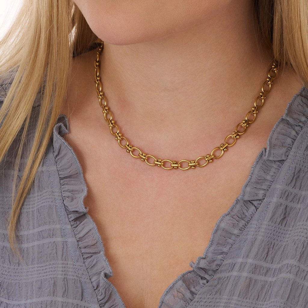 Guldpläterat stålhalsband, länk med bollar - 45 cm