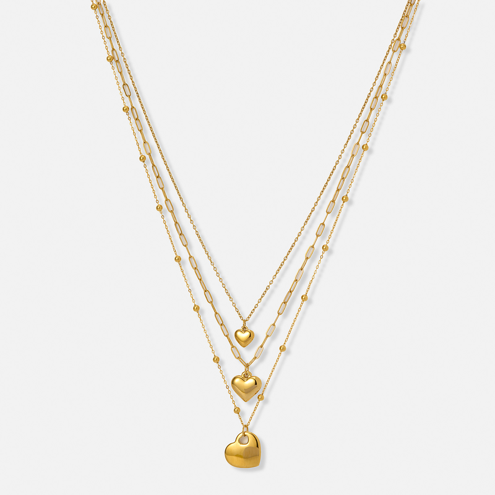 Guldpläterat stålhalsband, tre kedjor med hjärtan - 43-52 cm