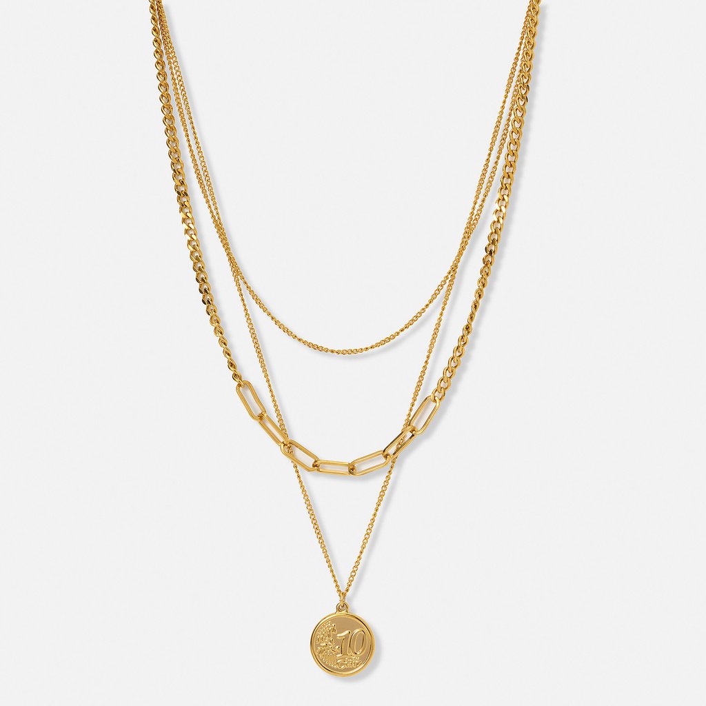 Guldpläterat stålhalsband, tre kedjor med mynt - 38-50 cm