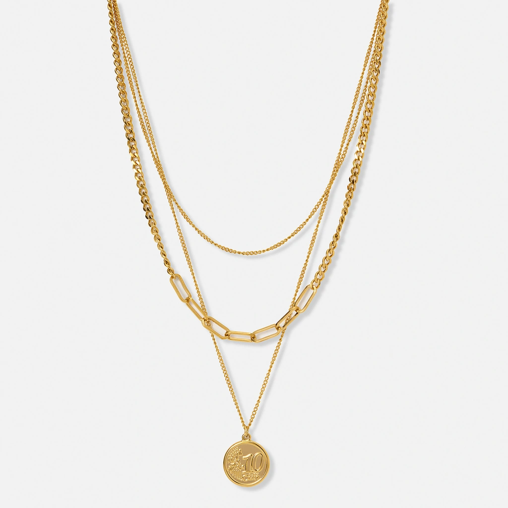 Guldpläterat stålhalsband, tre kedjor med mynt - 38-50 cm
