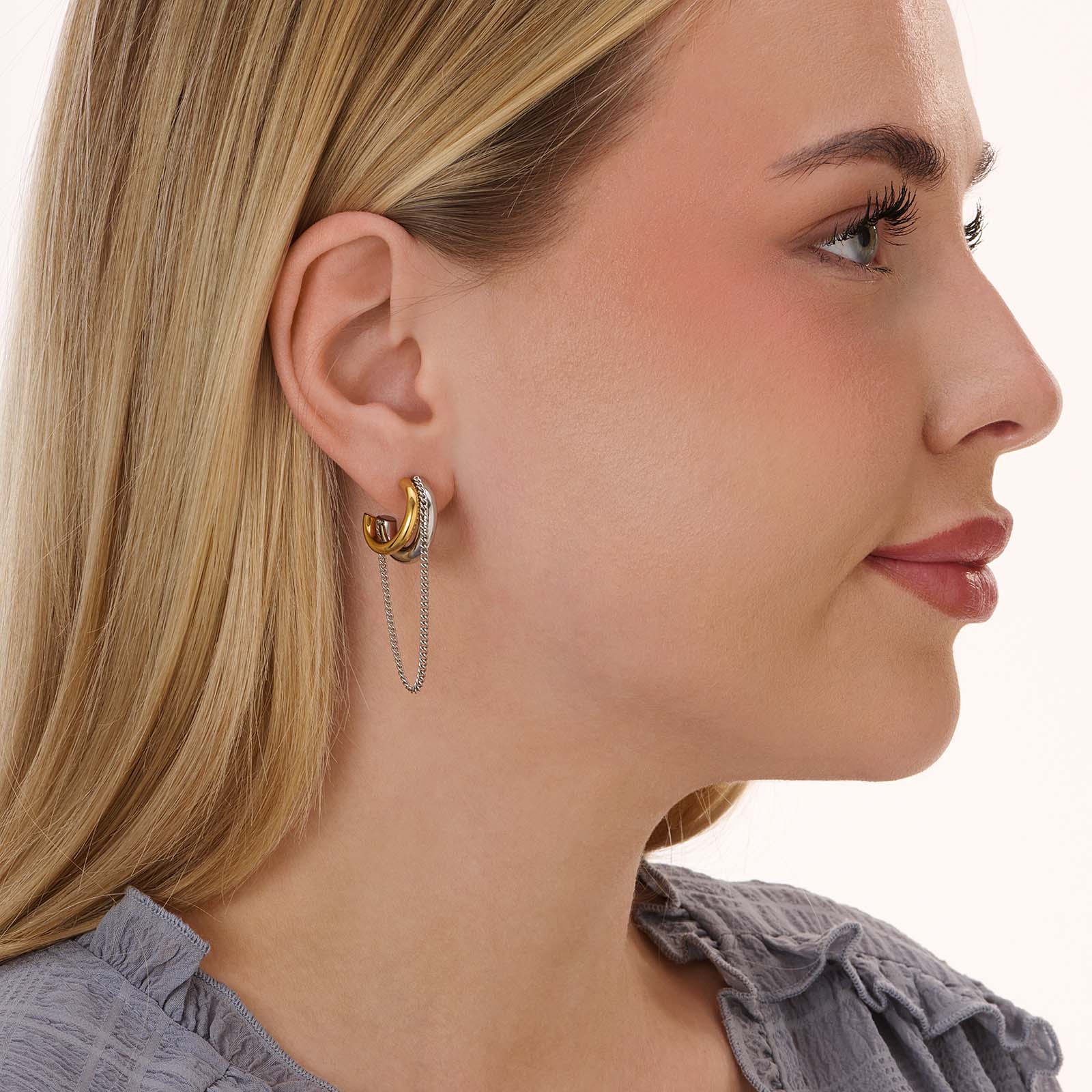 Bicolorfärgade stålörhängen, C-hoops med hängande kedja - 45  mm