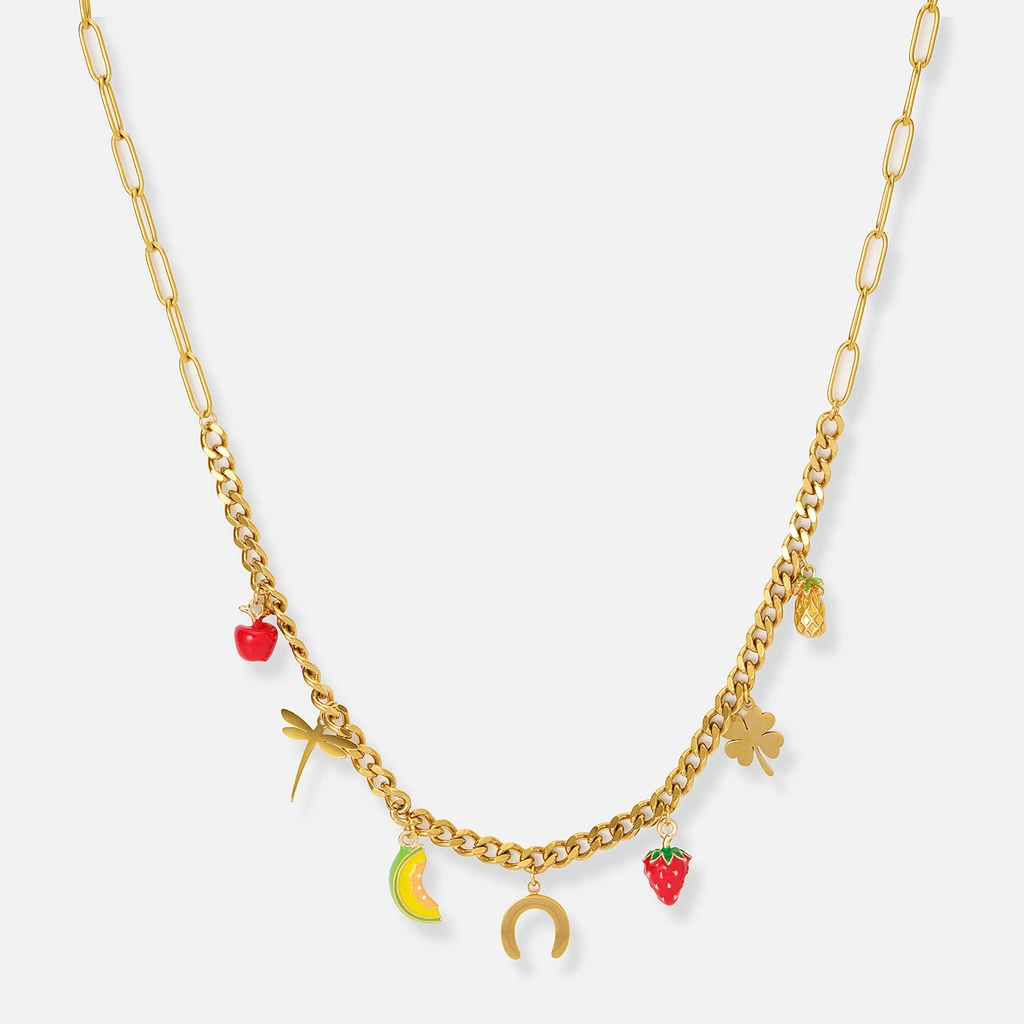 Guldpläterat stålhalsband, frukter och symboler - 46+5cm
