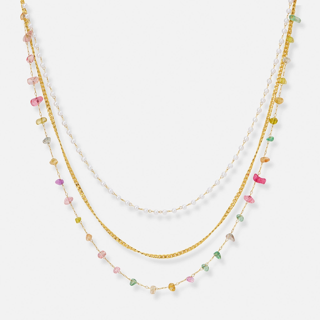 Guldpläterat stålhalsband, treradigt med pärlor och stenar - 39+5cm