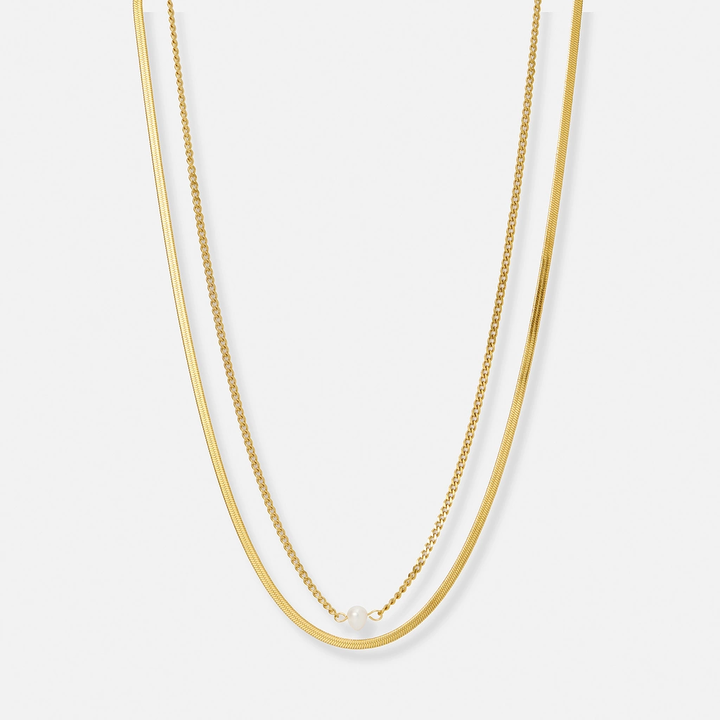 Guldpläterat stålhalsband, tvåradigt med pärla - 38/40+5cm