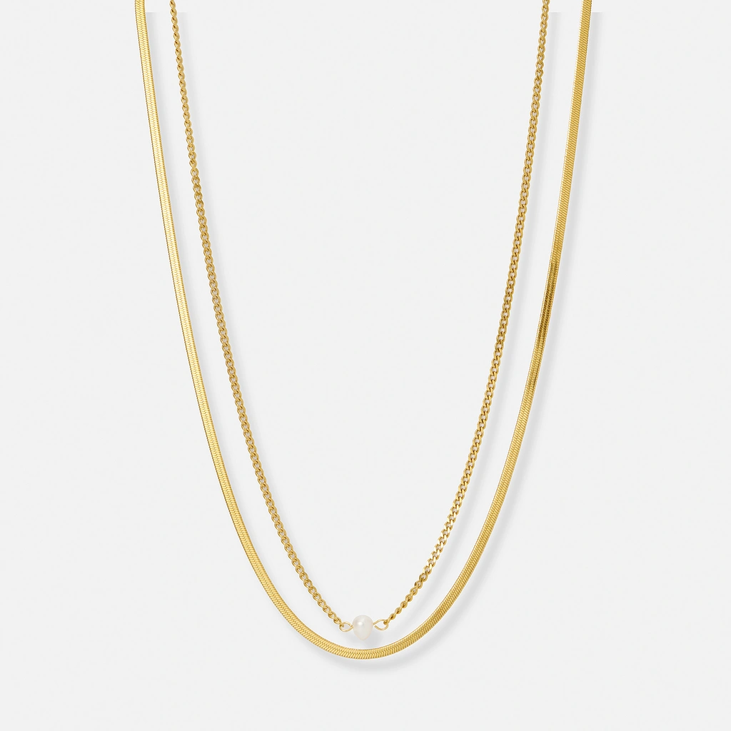 Guldpläterat stålhalsband, tvåradigt med pärla - 38/40+5cm