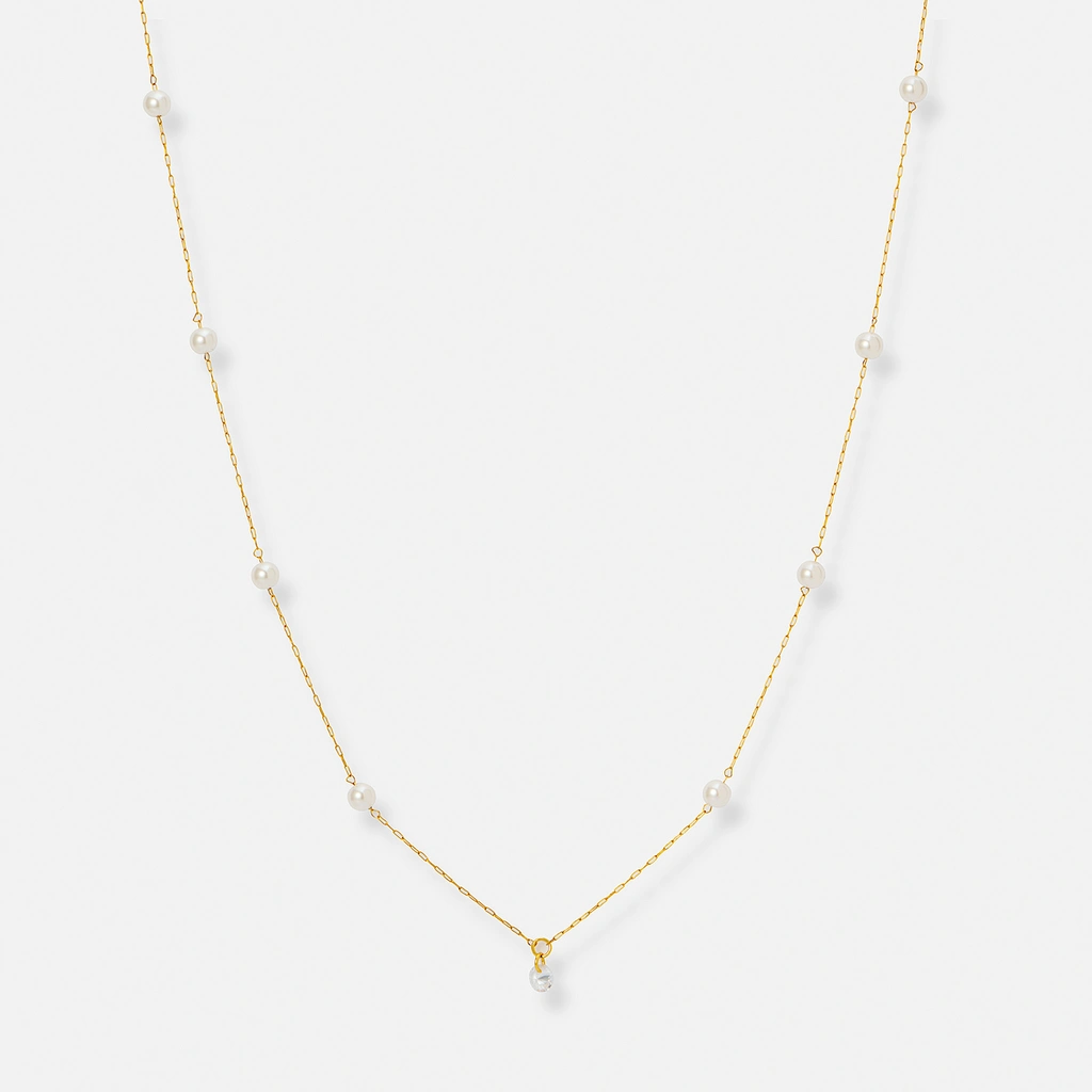 Guldpläterat stålhalsband, treradigt med pärlor - 40+5cm