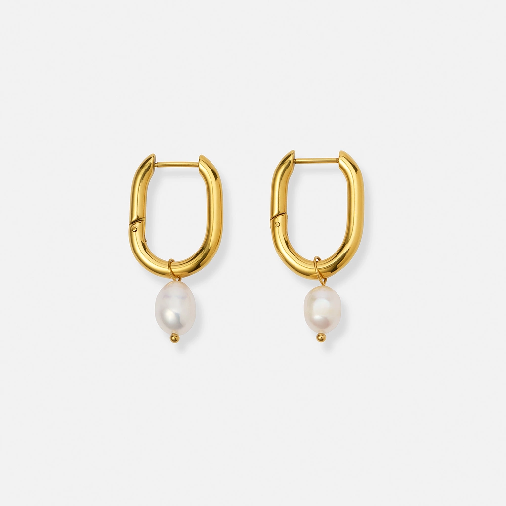 Guldpläterade stålörhängen, U-formade hoops med pärla - 35  mm