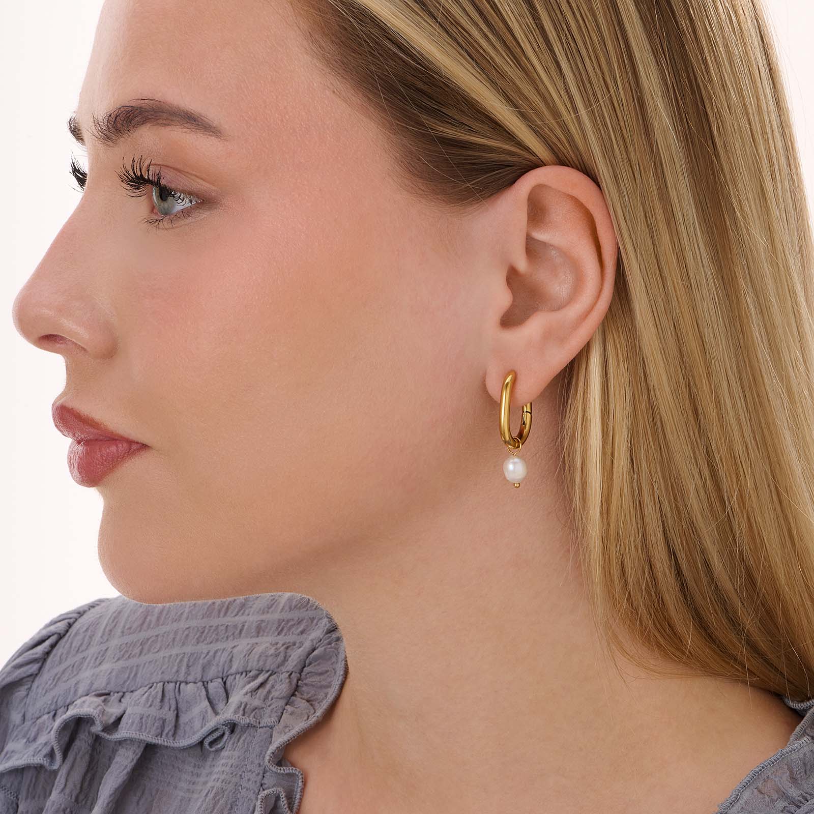 Guldpläterade stålörhängen, U-formade hoops med pärla - 35  mm