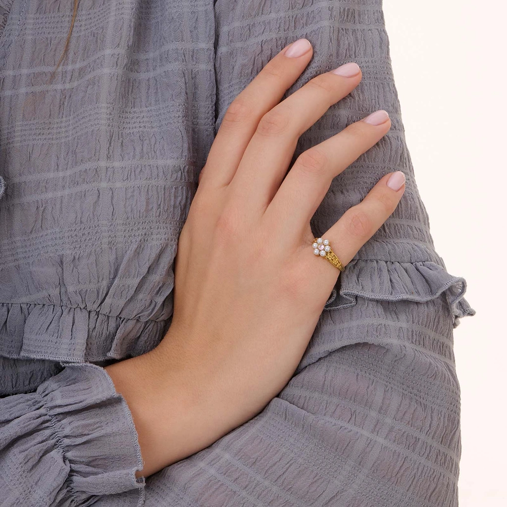 Guldpläterad stålring med pärlor och rosa Kubisk Zirkonia - 16