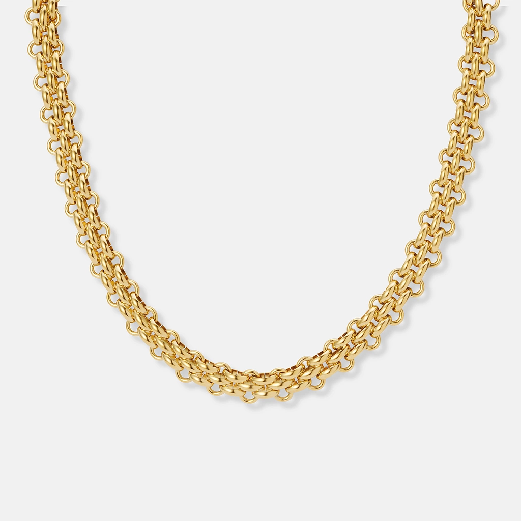 Guldpläterat stålhalsband, tre rader länkar - 40+5cm
