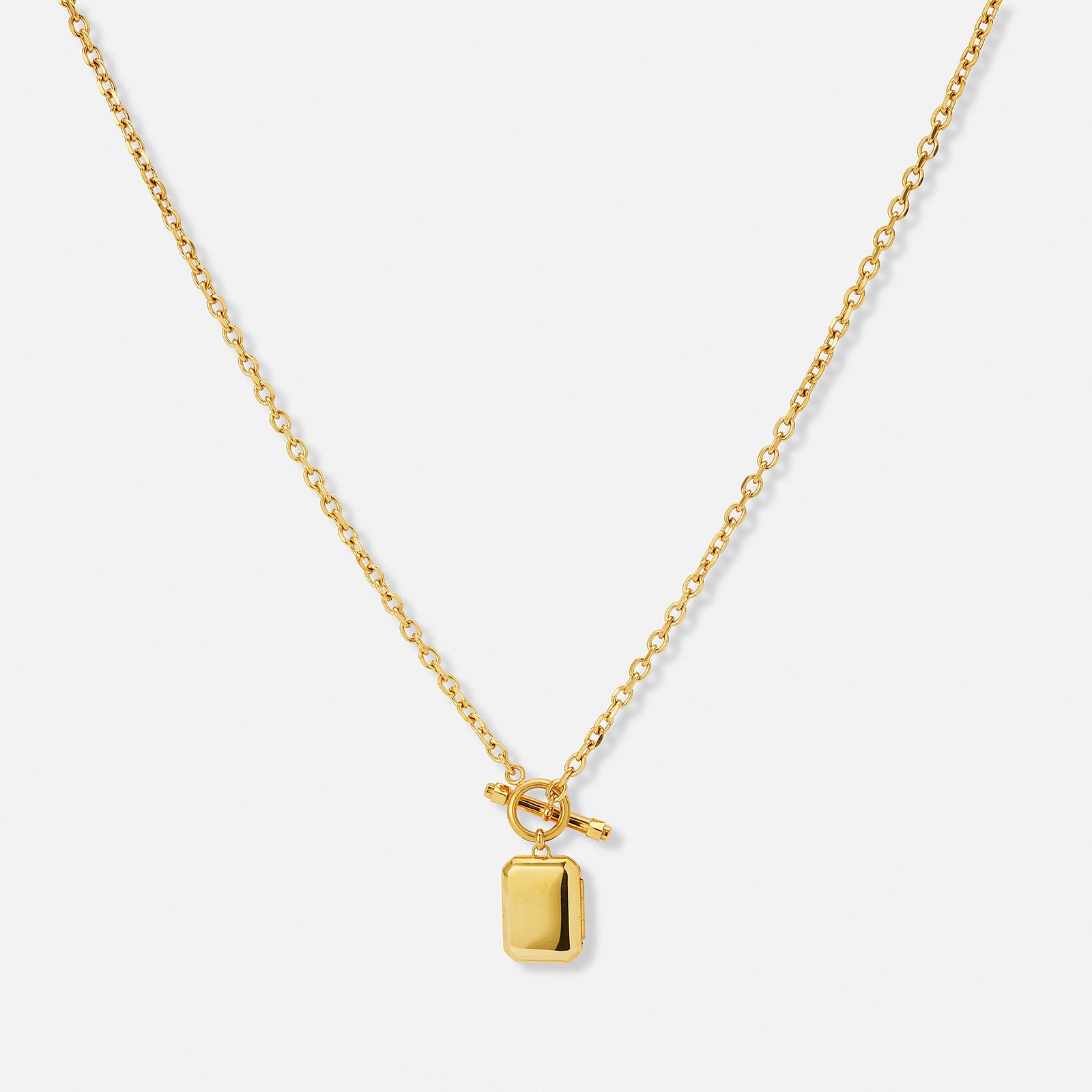 Guldpläterat stålhalsband, bricka och T-bar lås - storlek?