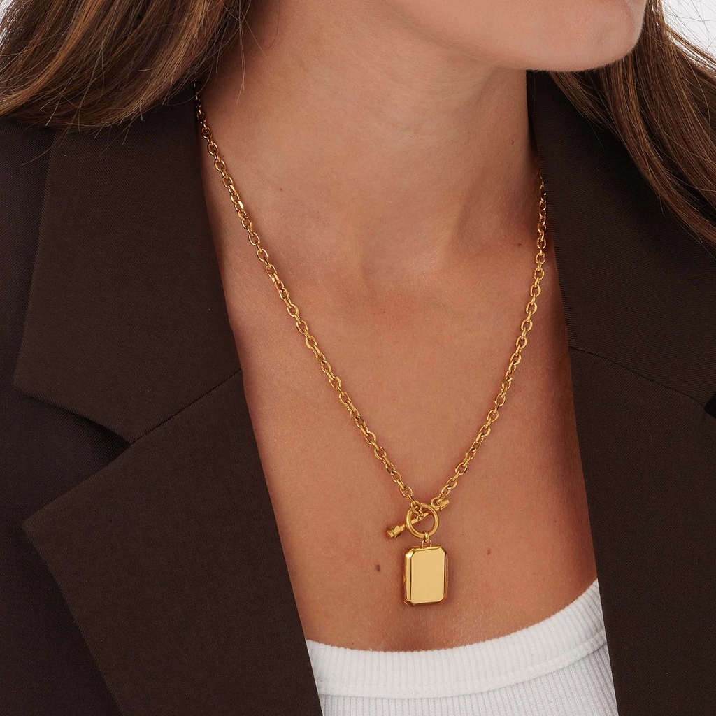 Guldpläterat stålhalsband, bricka och T-bar lås