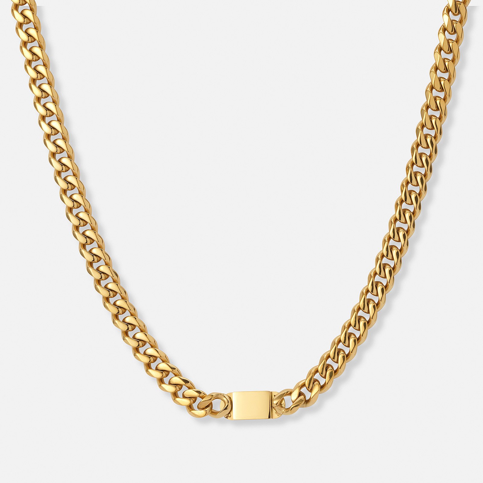Guldpläterat stålhalsband, pansarlänk med bricka - 40+5 cm