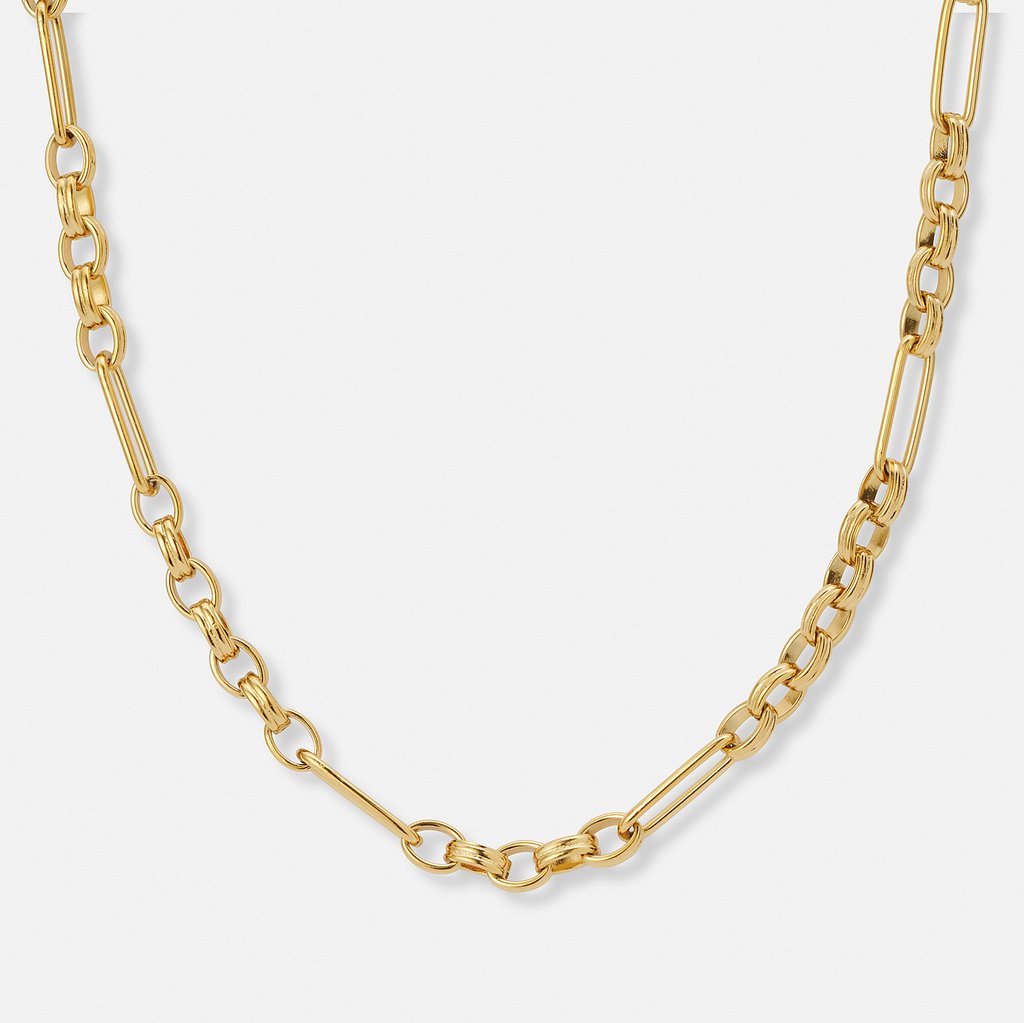 Guldpläterat stålhalsband, fantasilänk med öglor - 40+5cm