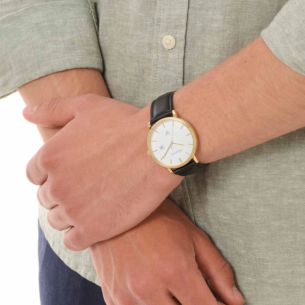 Moretime herrklocka - vit/guld, svart läderband, 40mm
