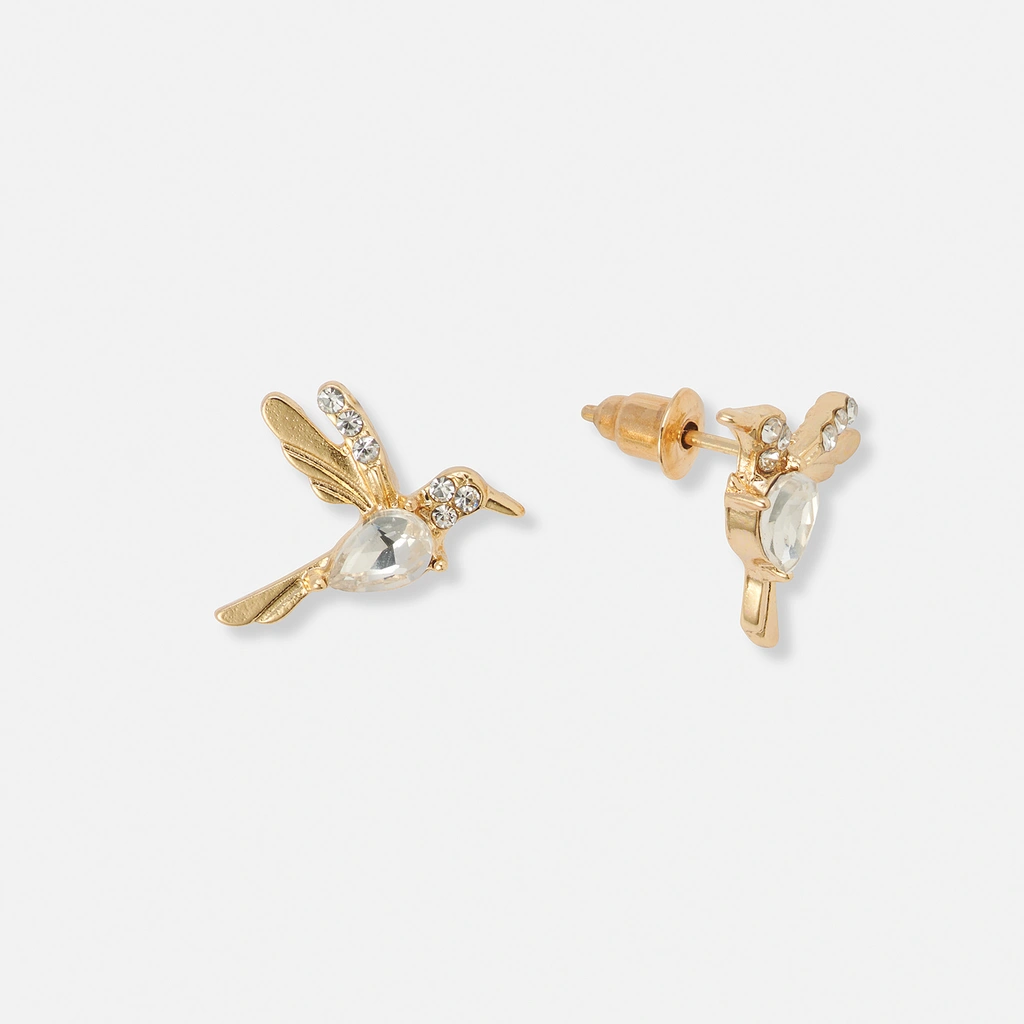 Guldfärgade örhängen, studs med kolibrie - 18 mm