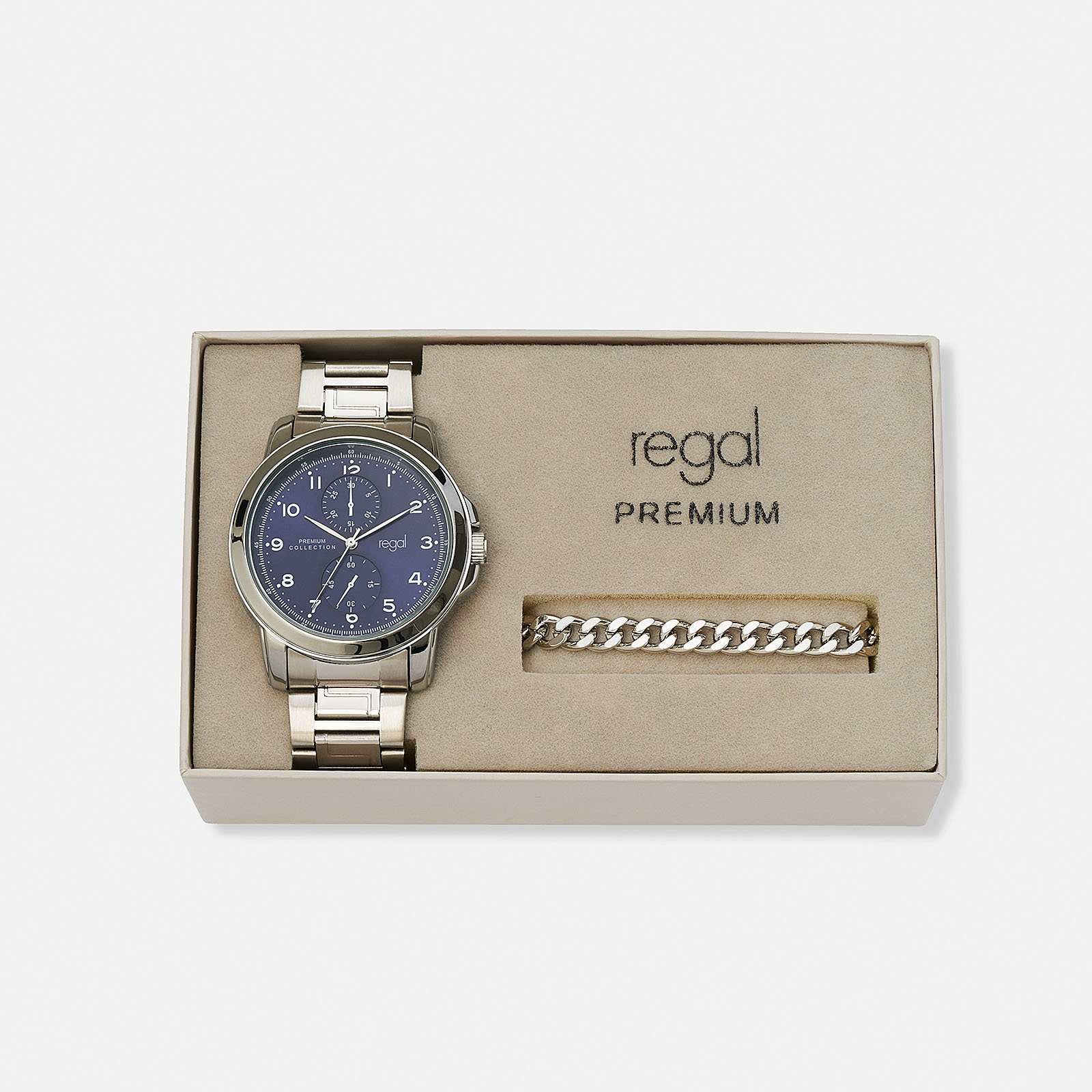 Regal klockset herr, metall, blå/silver - 45 mm