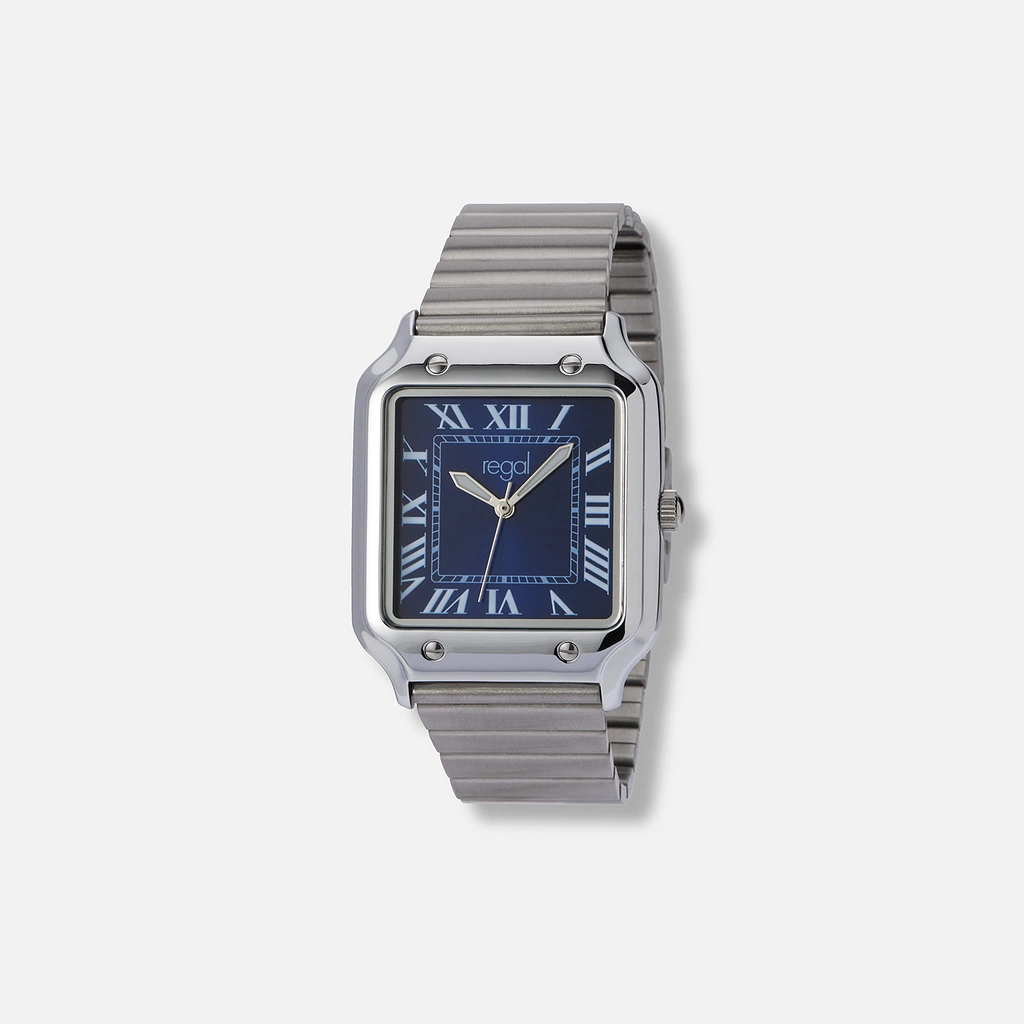 Regal herrklocka, fyrkantig blå/silver, 33x33 mm