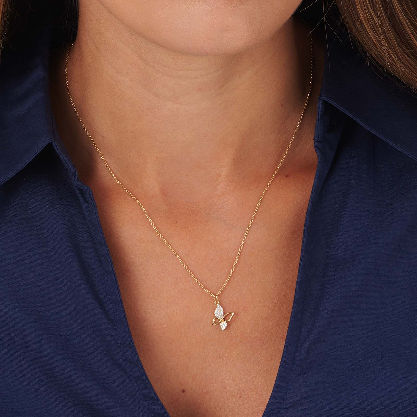 Guldfärgat halsband, fjäril med vita stenar - 39+5 cm