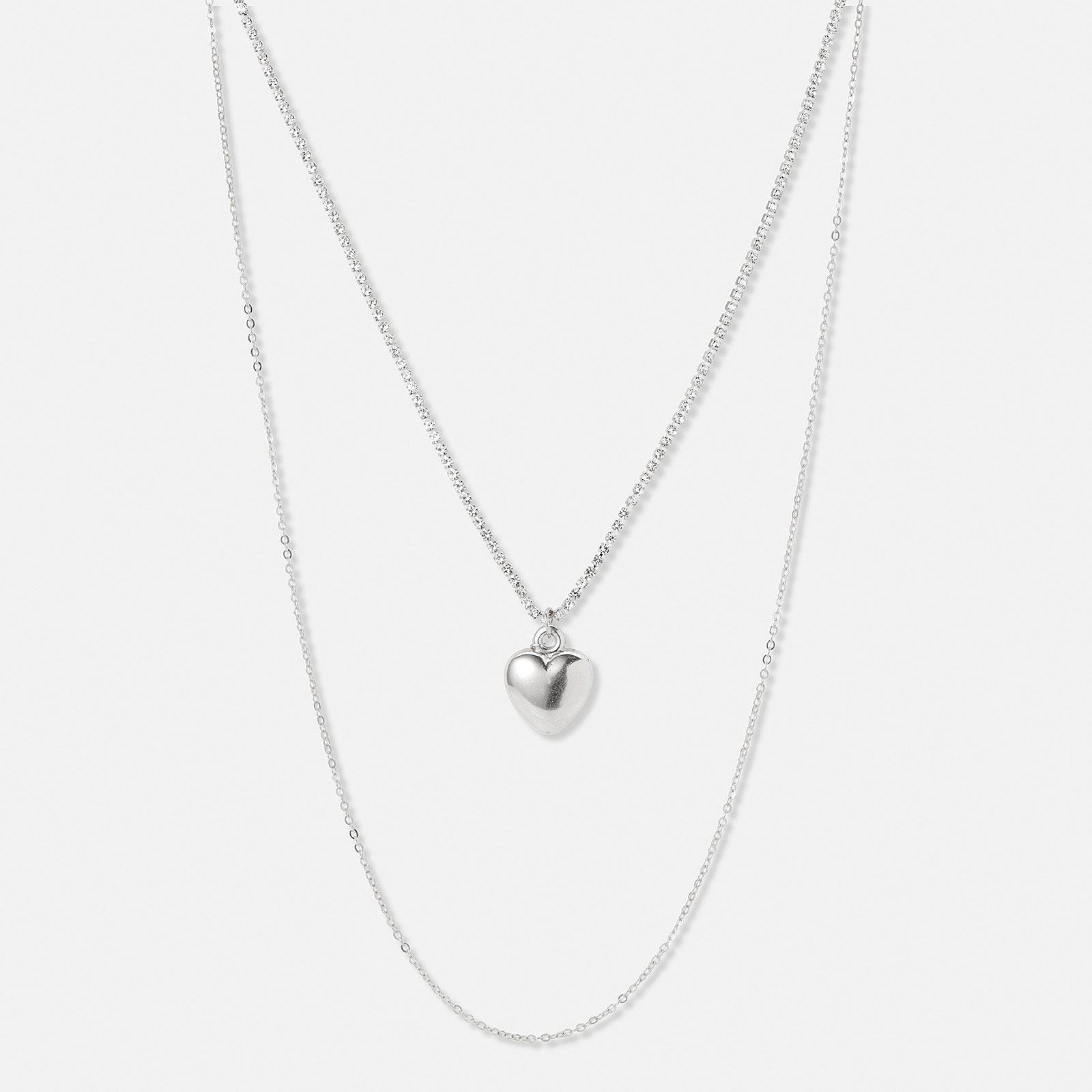 Tvåradigt silverfärgat halsband, tennishalsband  och hjärthänge - 50-66+5cm