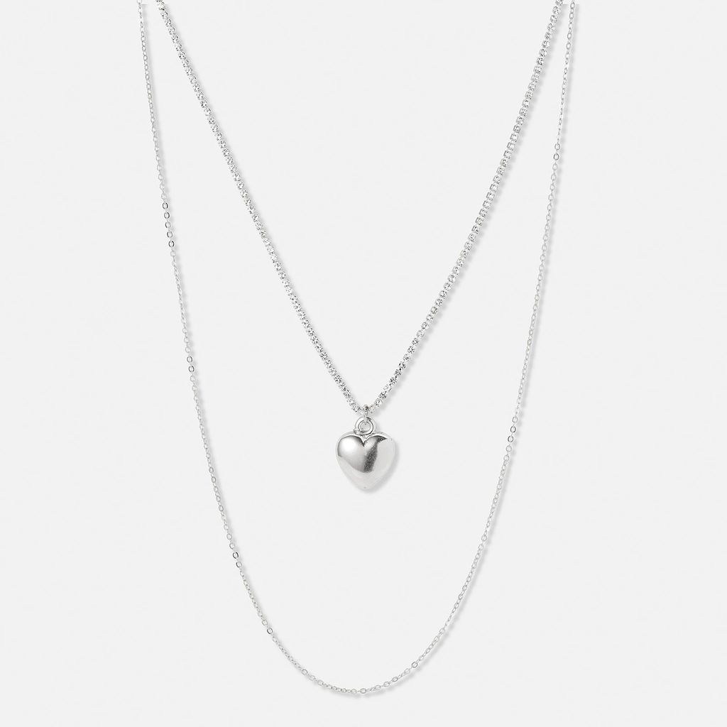 Tvåradigt silverfärgat halsband, tennishalsband  och hjärthänge - 50-66+5cm