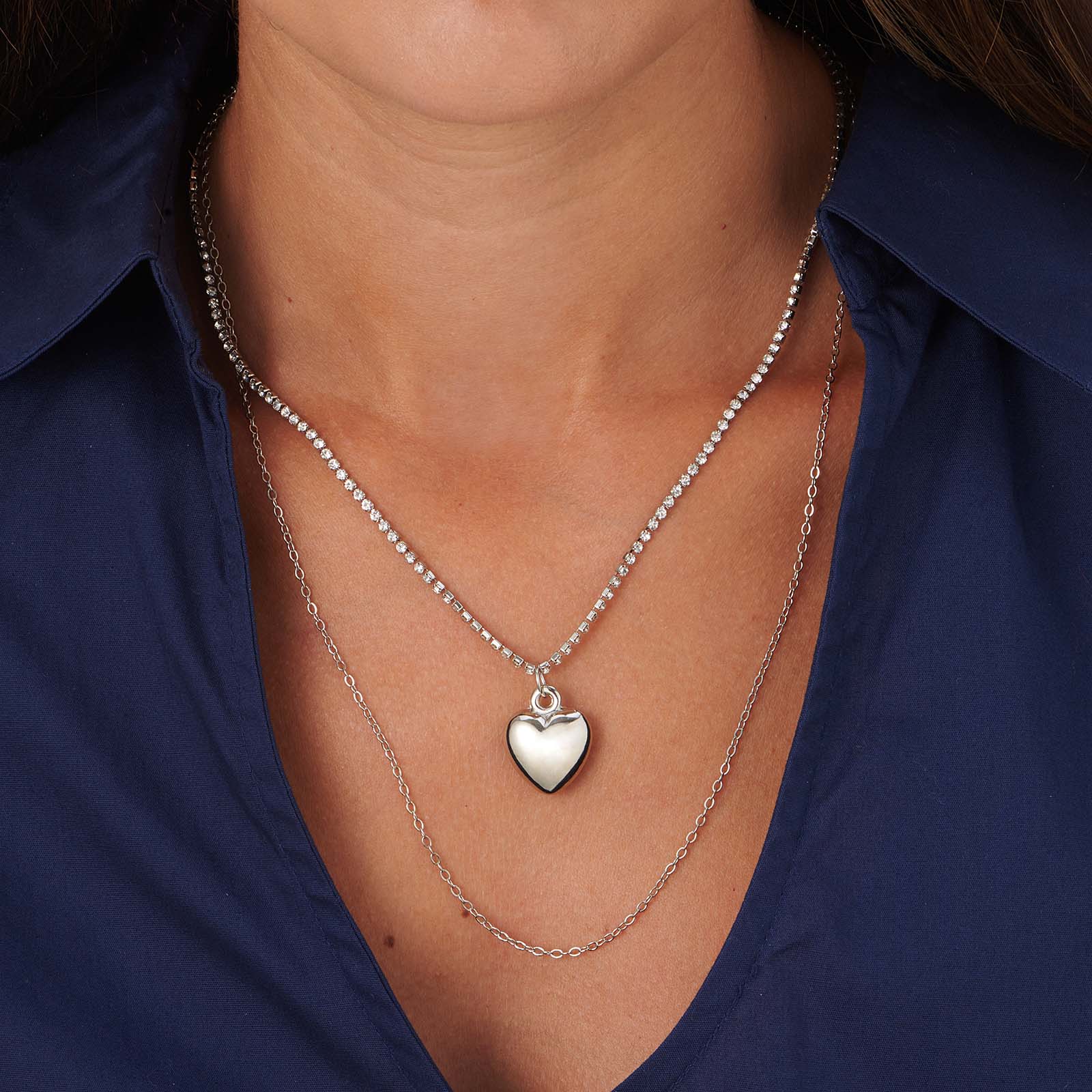 Tvåradigt silverfärgat halsband, tennishalsband  och hjärthänge - 50-66+5cm