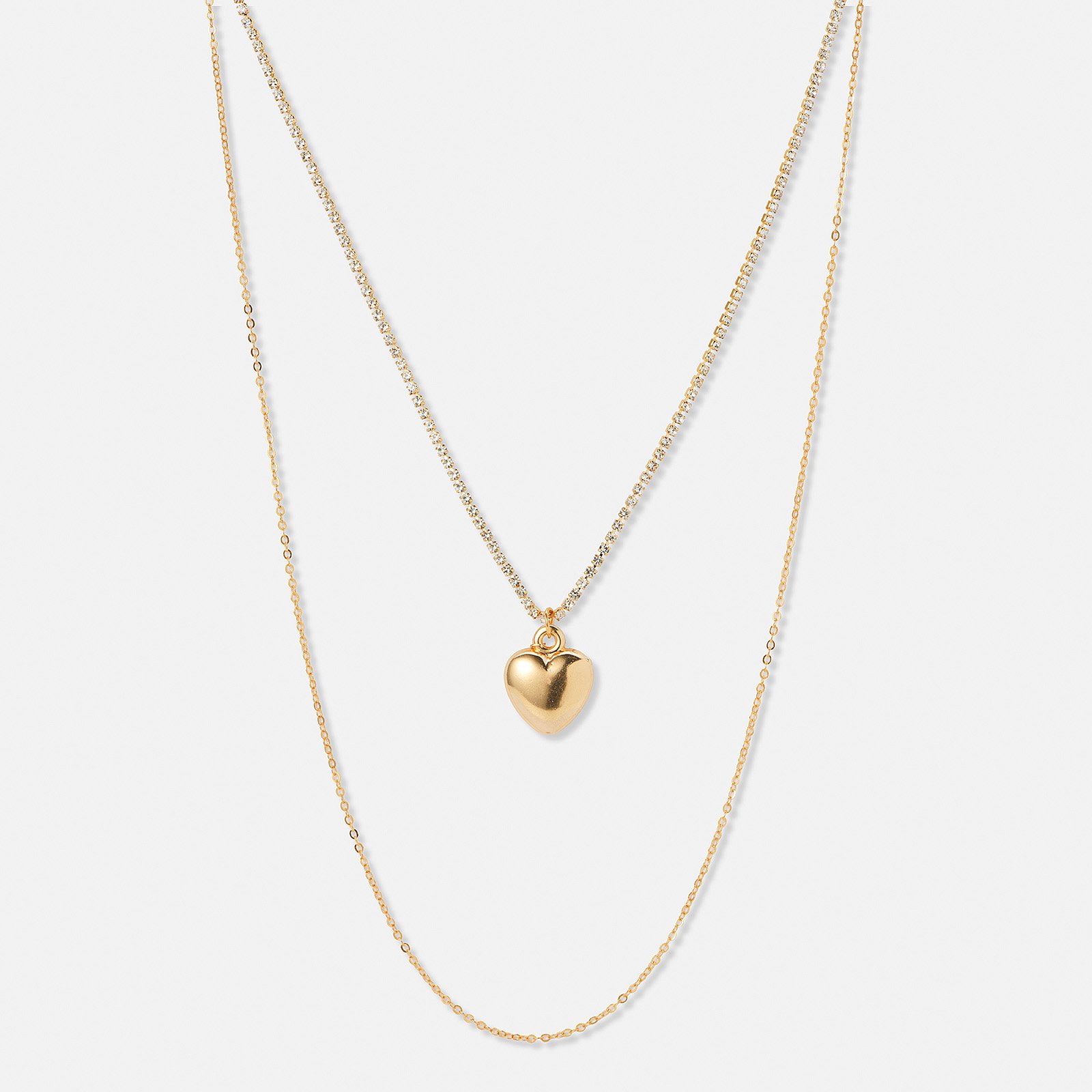 Tvåradigt guldfärgat halsband, tennishalsband och hjärthänge - 50-66+5cm