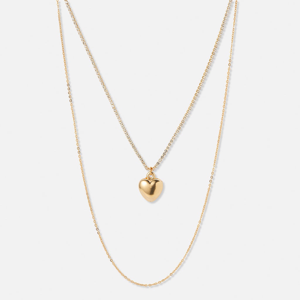 Tvåradigt guldfärgat halsband, tennishalsband och hjärthänge - 50-66+5cm