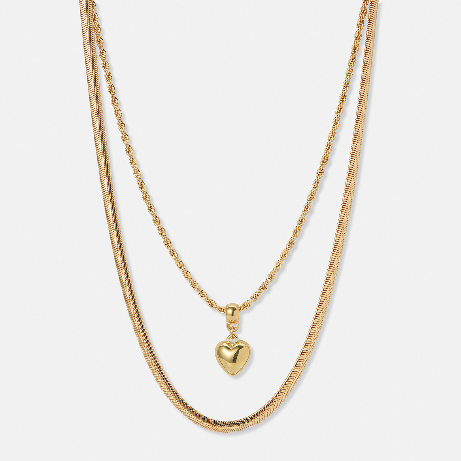 Tvåradigt guldfärgat halsband, repkedja  och hjärthänge - 42-50+5cm