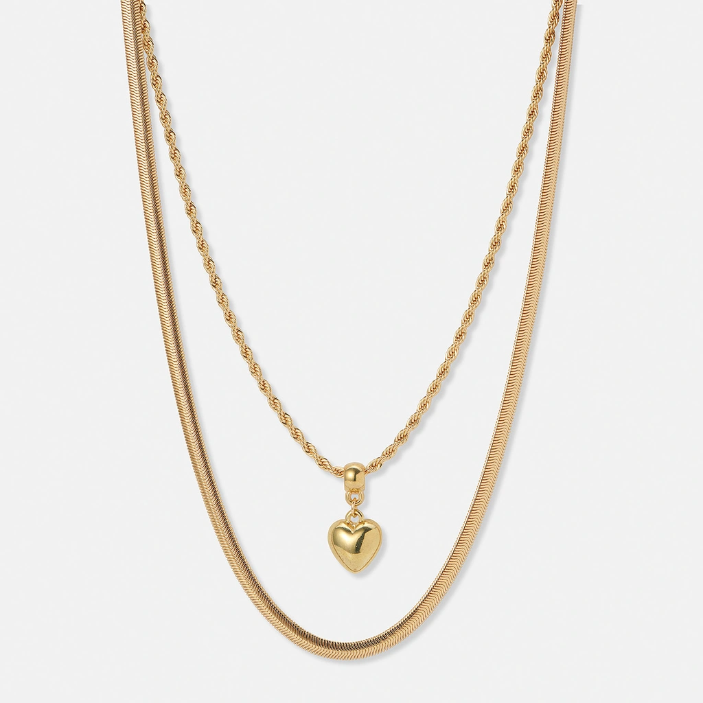 Tvåradigt guldfärgat halsband, repkedja  och hjärthänge - 42-50+5cm