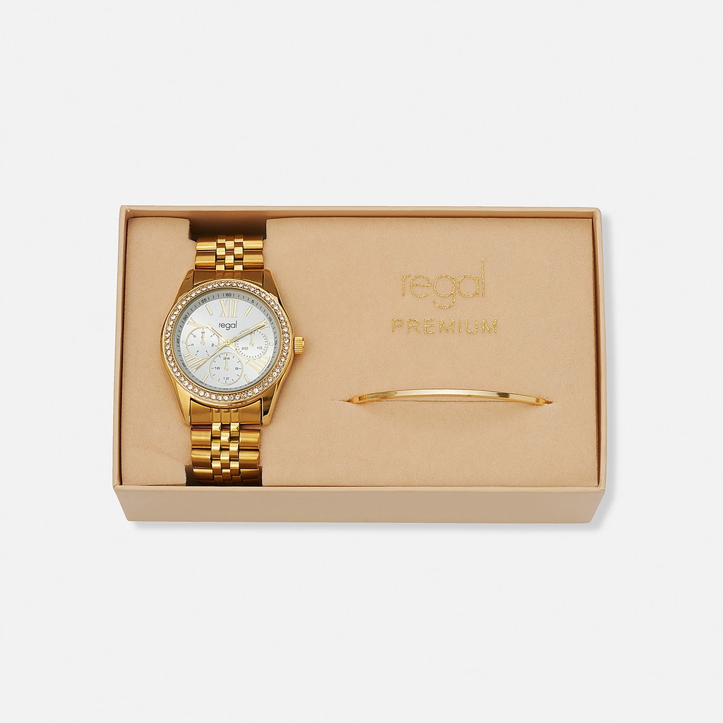 Regal klockset dam, metall, vit/guld - 38 mm