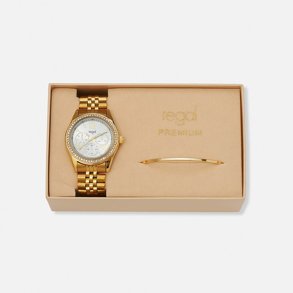 Regal klockset dam, metall, vit/guld - 38 mm