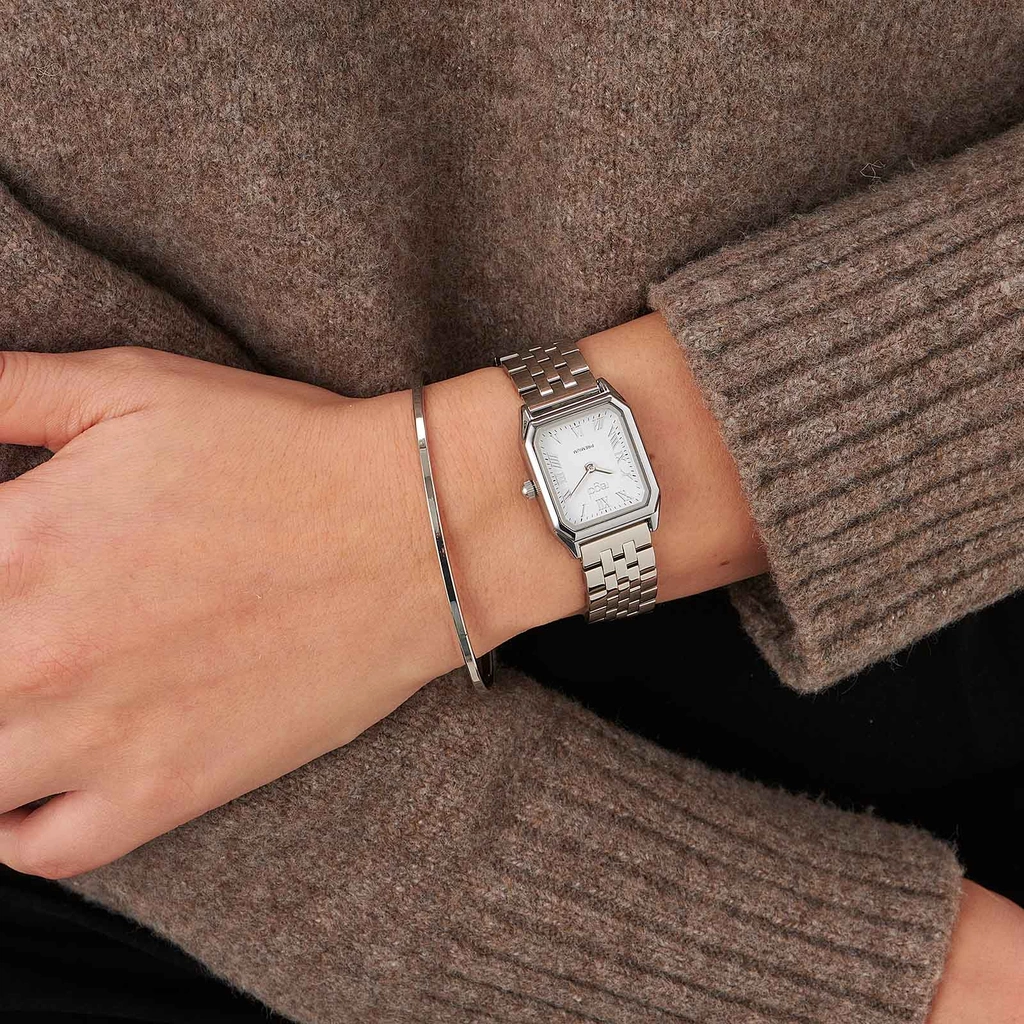 Regal klockset dam, rektangulär, vit/silver - 20x30 mm