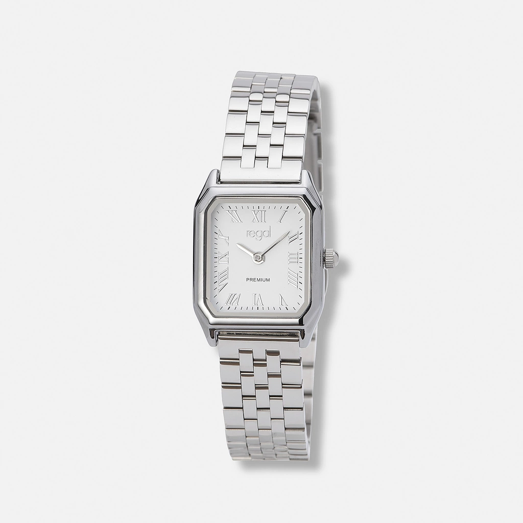 Regal klockset dam, rektangulär, vit/silver - 20x30 mm