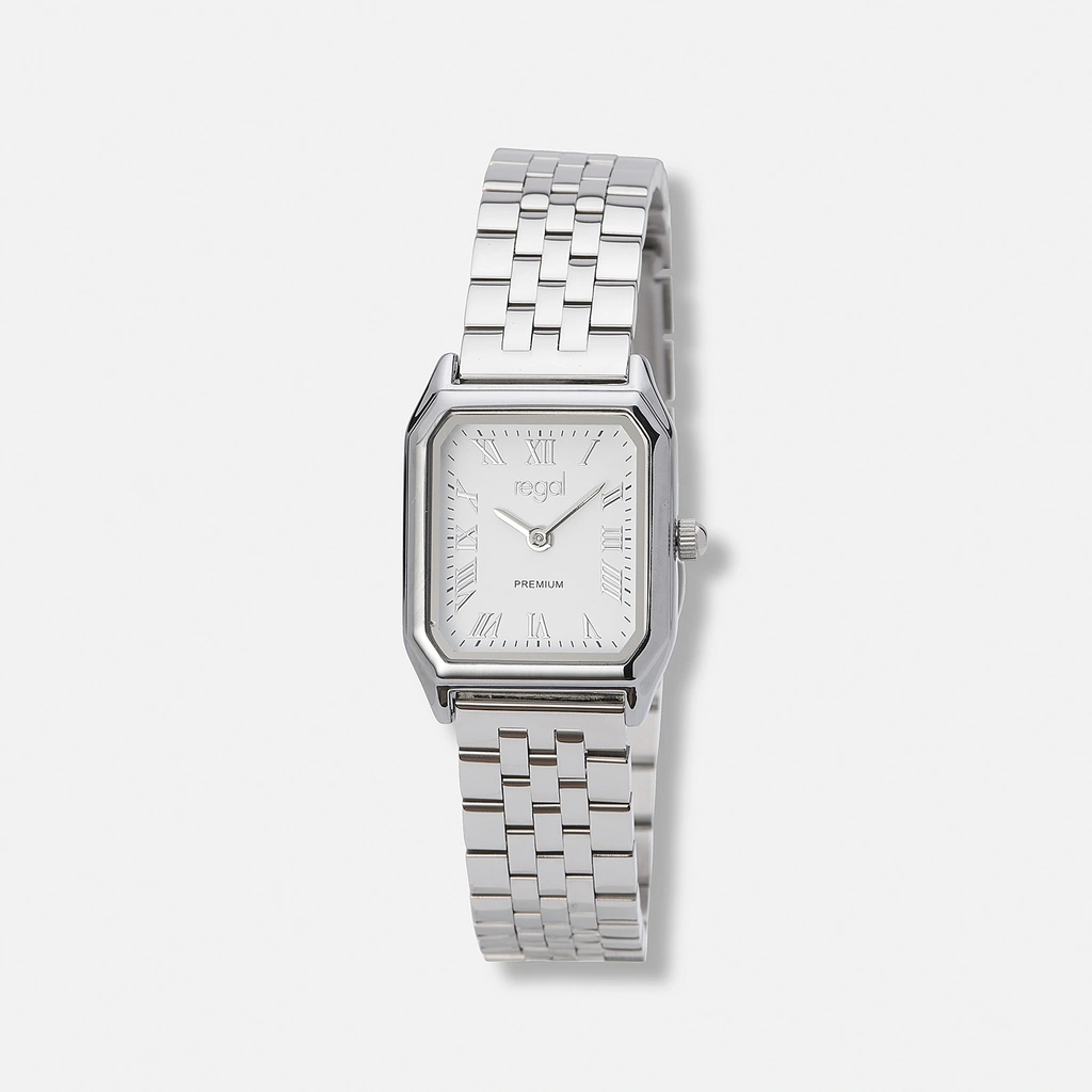 Regal klockset dam, rektangulär, vit/silver - 20x30 mm