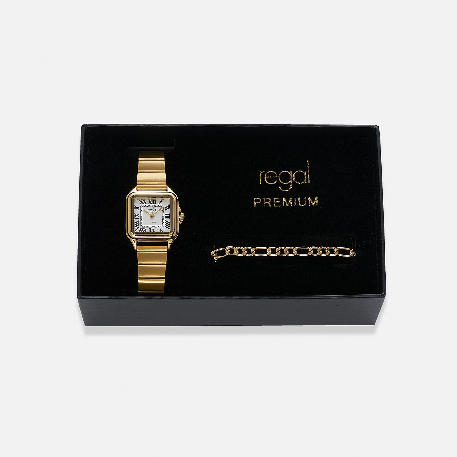 Regal klockset dam, fyrkantig, vit/guld - 25x25 mm