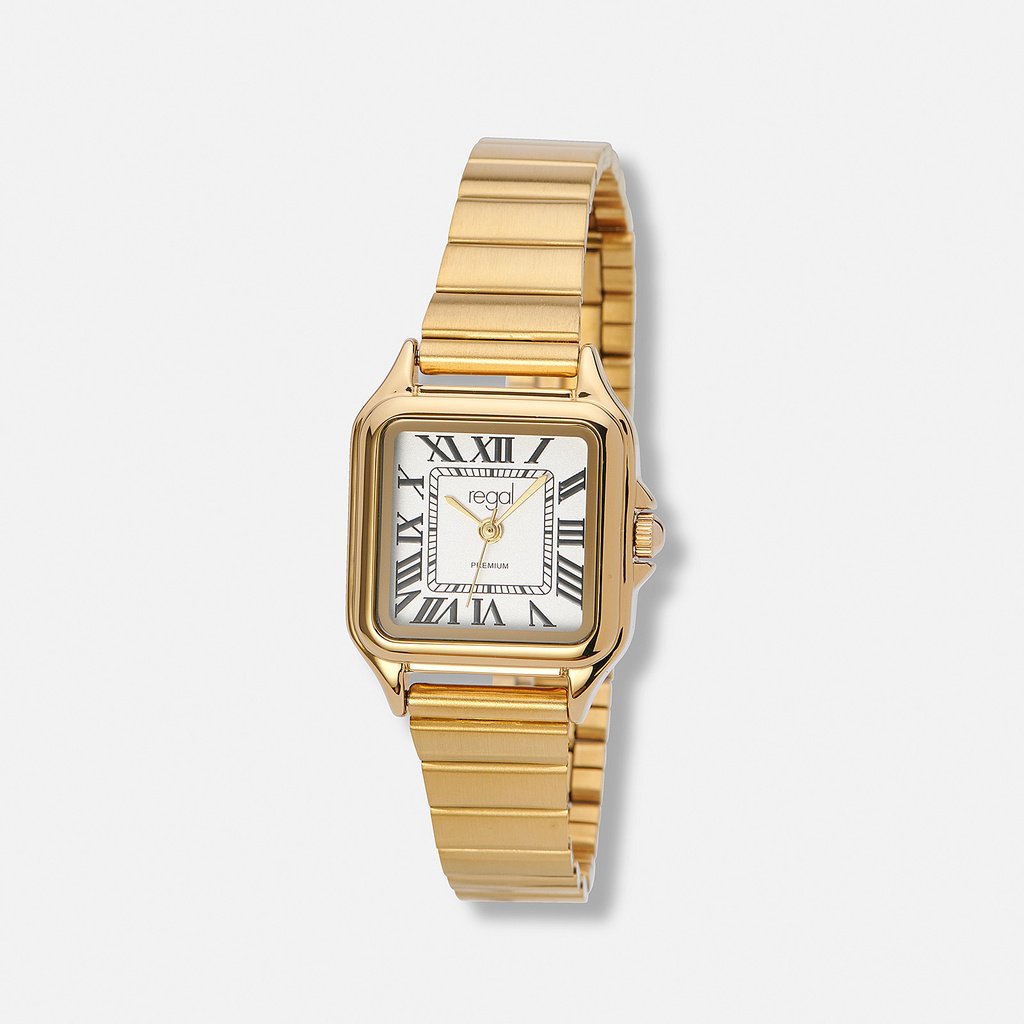 Regal klockset dam, fyrkantig, vit/guld - 25x25 mm