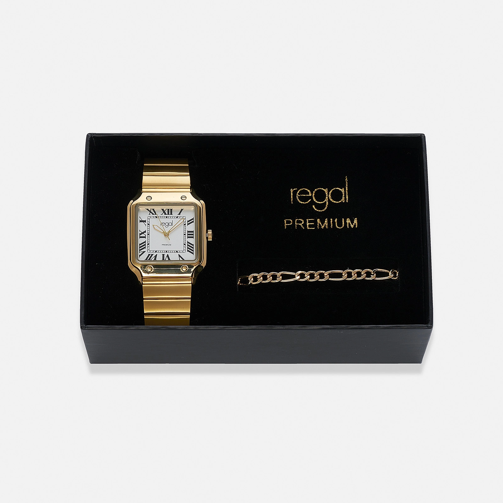 Regal klockset herr, fyrkantig, vit/guld - 33x33 mm