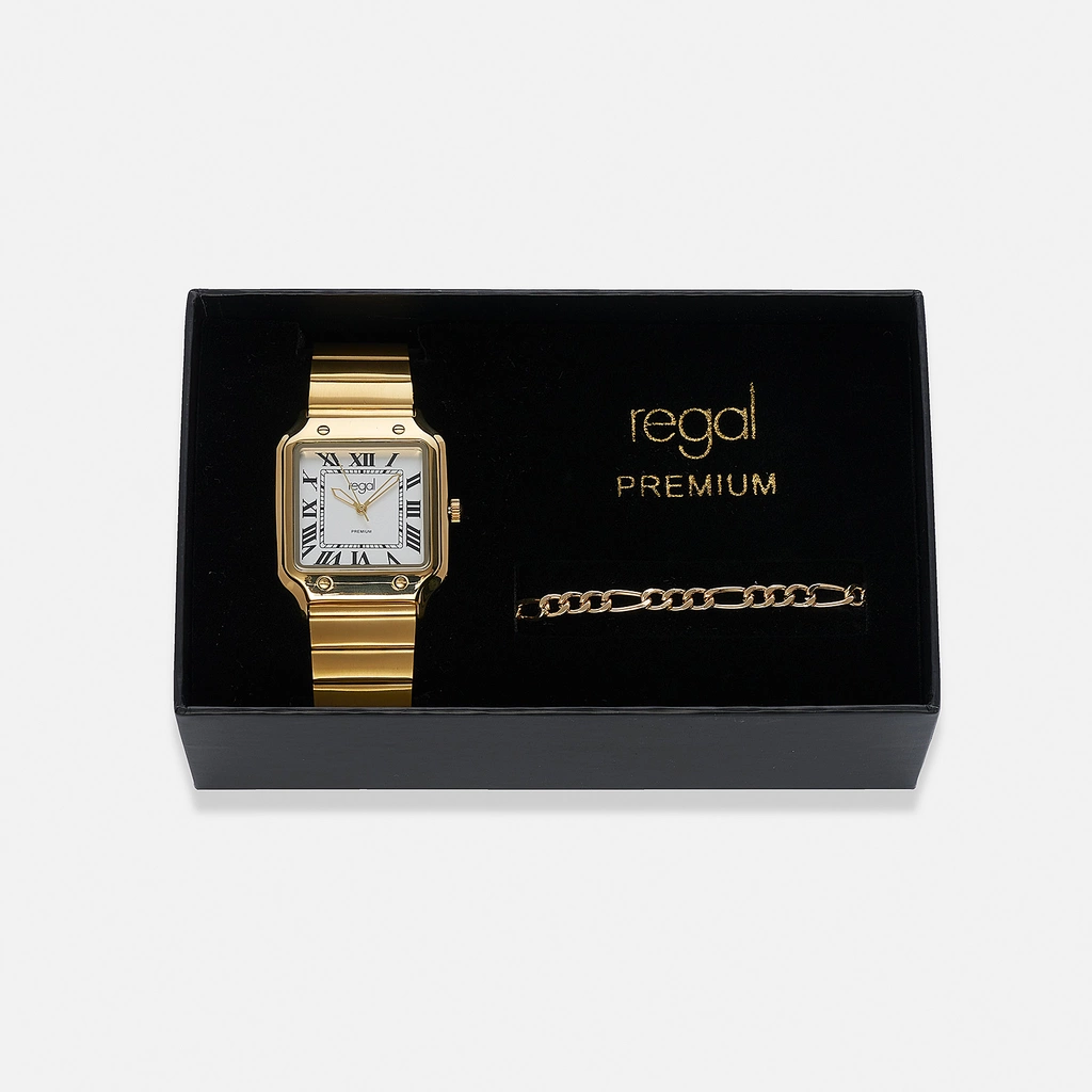 Regal klockset herr, fyrkantig, vit/guld - 33x33 mm