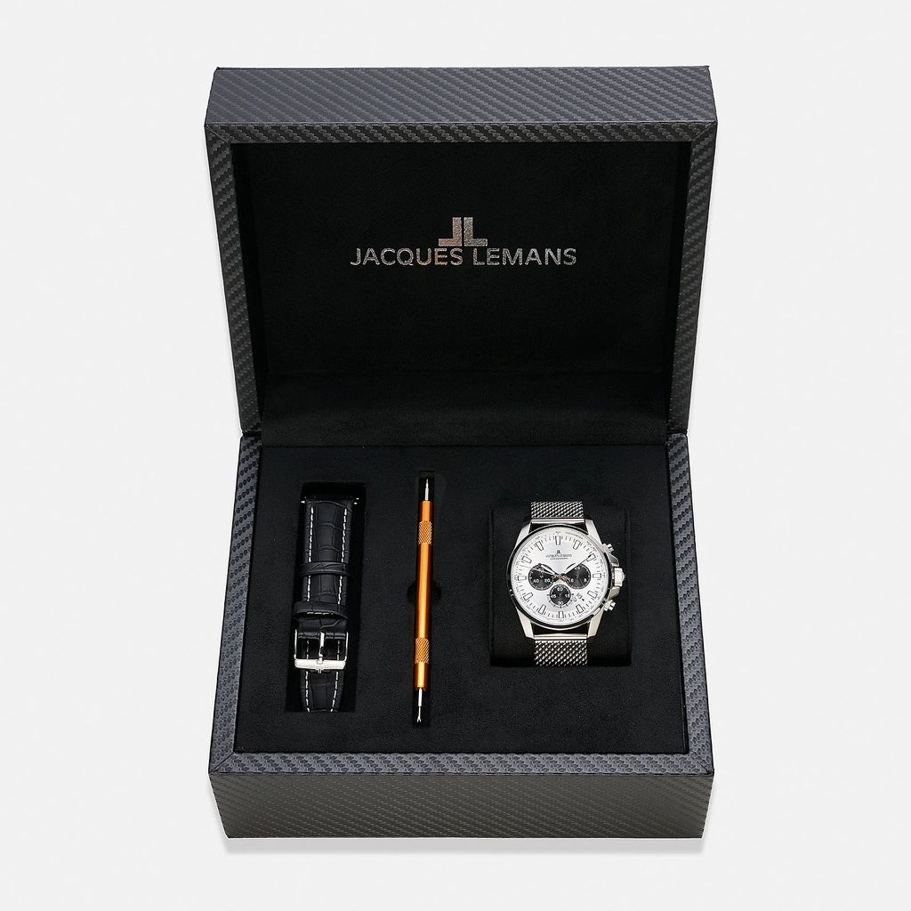 Jacques Lemans Liverpool herrklocka - set vit/stål, 44 mm